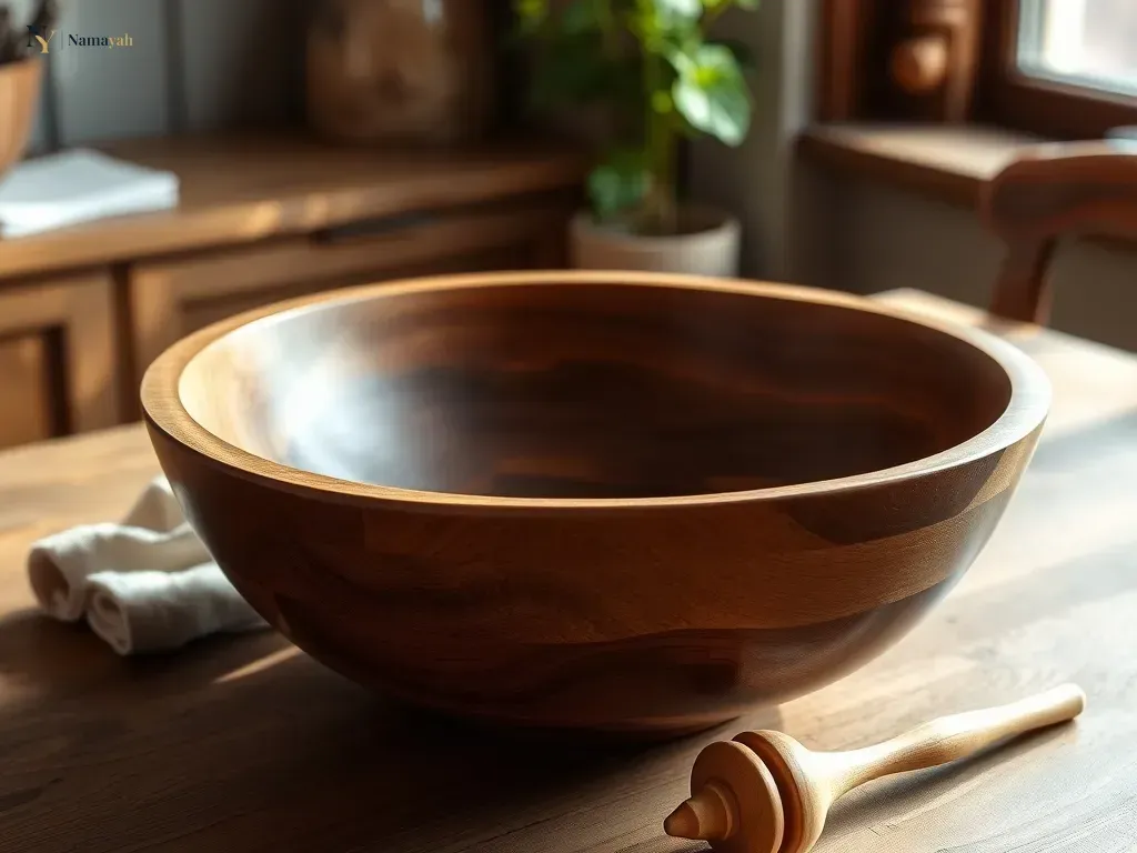 Close-up of artisan wooden serveware being carefully maintained on a rustic table with natural light.