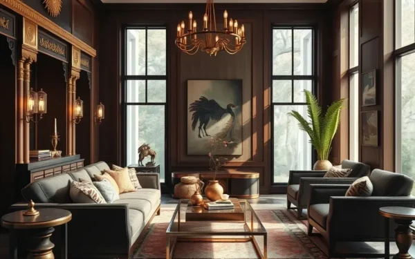 A luxurious modern Indian living room interior featuring handcrafted brass accents and dark wood furniture, representing high-end Indian home decor.