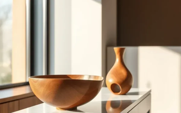 Styling artisanal wooden home accessories on a marble console table in a luxury living room.