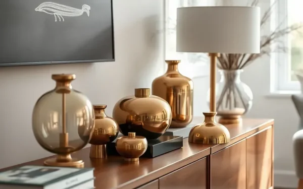 A stylishly decorated home interior featuring brass home decor pieces on a wooden sideboard, showcasing timeless elegance.