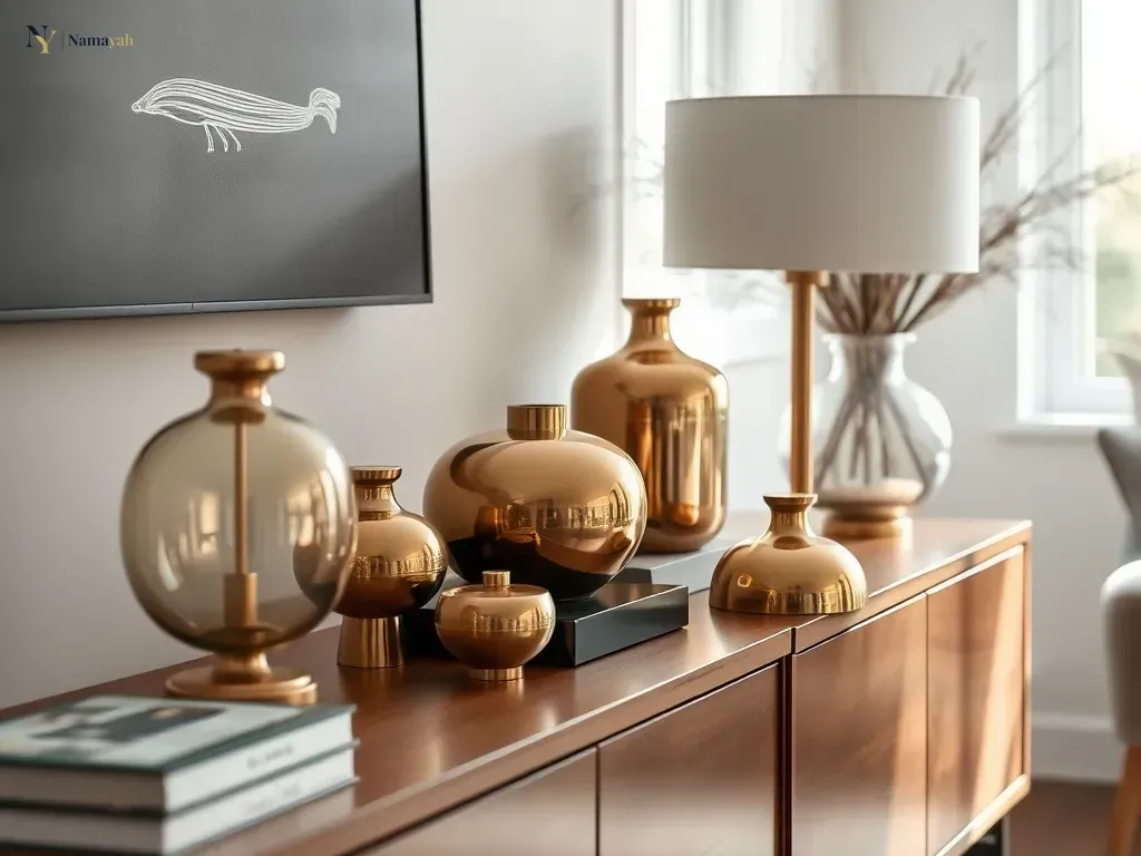 A stylishly decorated home interior featuring brass home decor pieces on a wooden sideboard, showcasing timeless elegance.