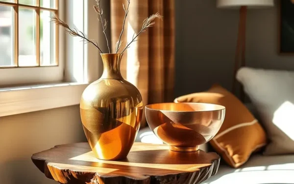 A beautifully curated living room featuring handcrafted brass and wooden home decor items in a sunlit, elegant space.