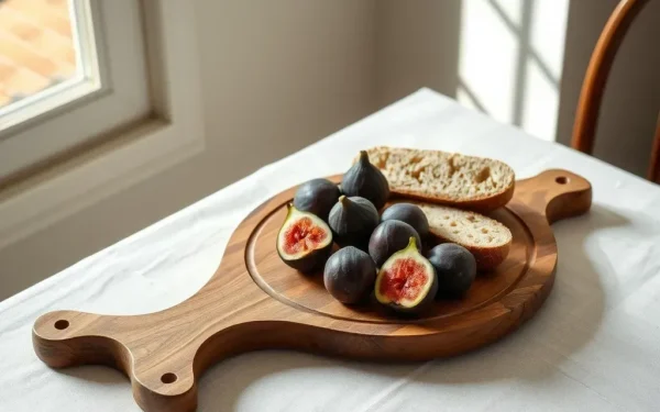 A beautifully styled dining table showcasing handcrafted wooden serveware with fresh food, captured in natural light.