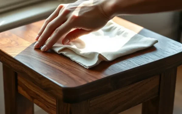 Close-up of hands polishing a handcrafted wooden table to maintain its natural elegance and finish.