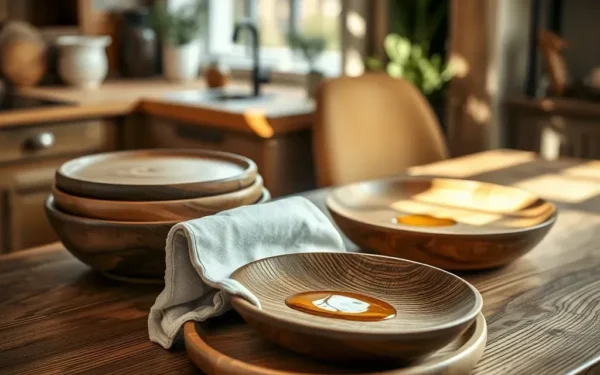 Close-up of artisan wooden serveware being maintained with oil on a rustic wooden table, showcasing wood grain texture and care.