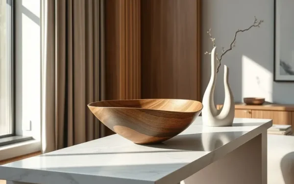 Styling artisanal wooden home decor on a modern marble console table in a luxury home interior.