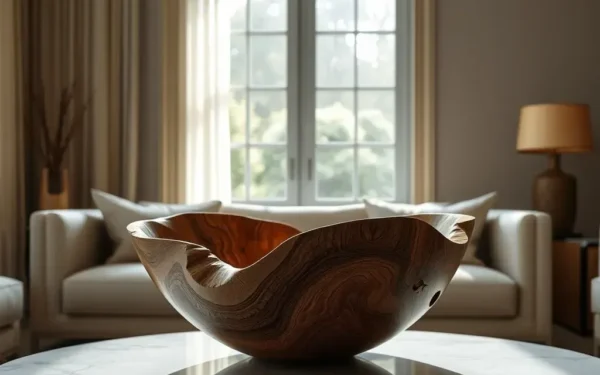 Sophisticated living room interior featuring a handcrafted artisan wooden bowl on a marble coffee table.