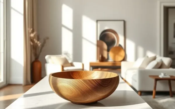 Styling artisan wooden decor on a marble console table in a sophisticated, sunlit modern living room.