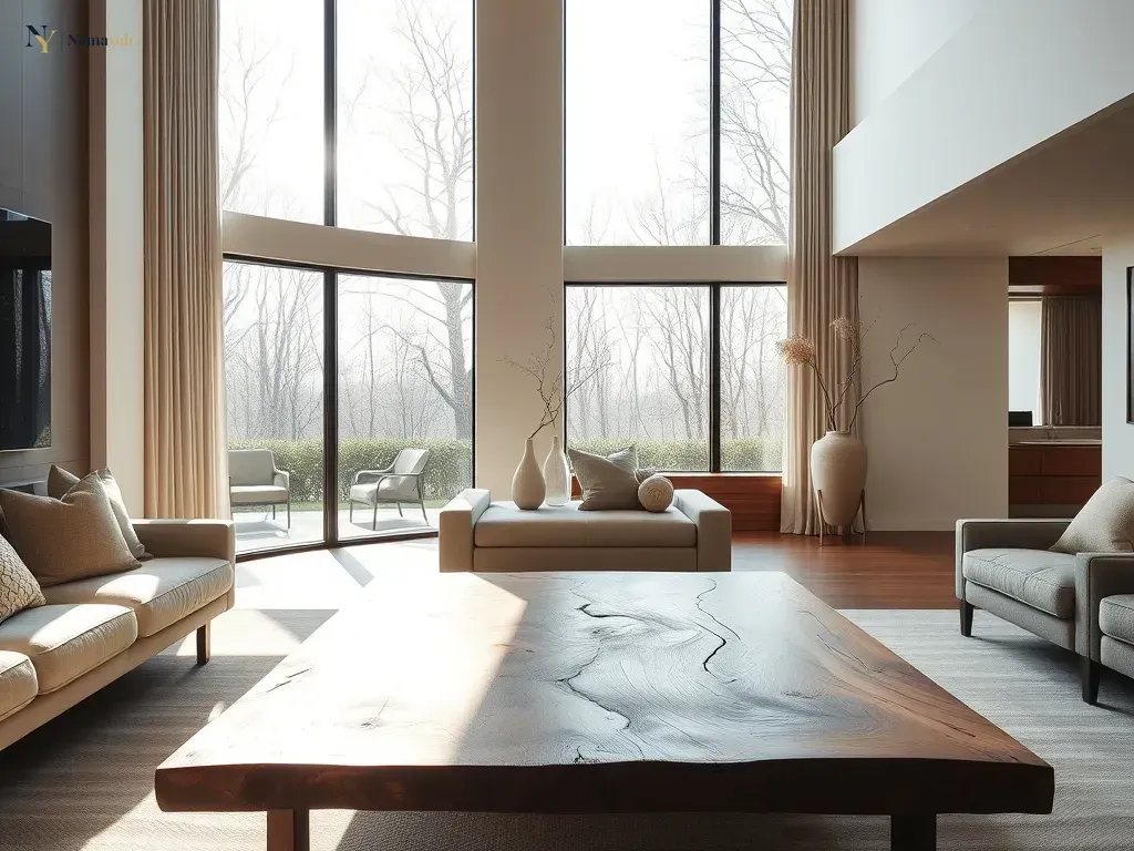 Artisan wooden coffee table in a modern luxury living room