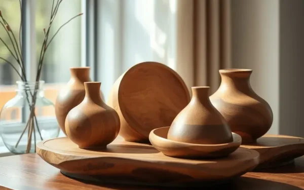 A selection of elegant handcrafted wooden home decor pieces displayed on a modern console table in a sunlit room.