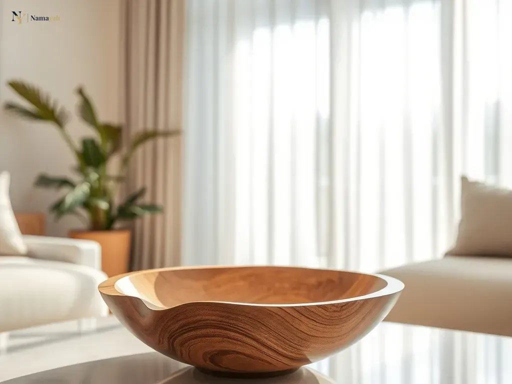 A close-up shot of elegant handmade wooden decor placed on a marble surface in a sunlit room.