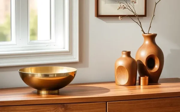 A beautifully styled wooden console table featuring handcrafted brass, copper, and wooden artisan home accessories in a modern, sunlit living space.