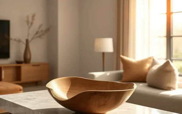 Styling artisan wooden decor on a marble console table in a sophisticated modern home.