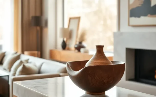 Styling artisan wooden decor on a marble console table in a sophisticated living room with natural light.