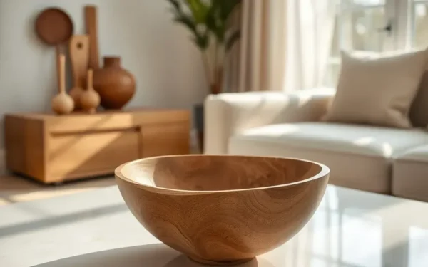 Styling artisan wooden decor in a sophisticated, modern living room with natural light.