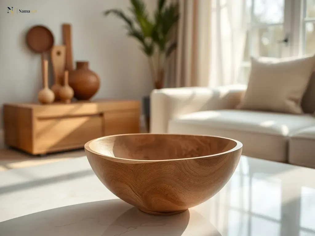 Styling artisan wooden decor in a sophisticated, modern living room with natural light.