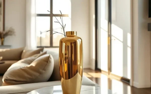 A close-up of polished brass decor accents styled on a marble table in a luxury living room.