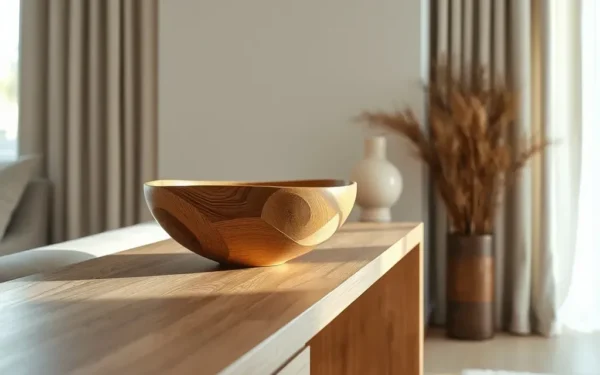 A close-up of artisanal wooden decor styled on a modern oak console table in a bright, sunlit room.