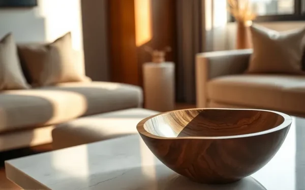 A sophisticated living room featuring handcrafted artisan wooden home decor on a marble table.
