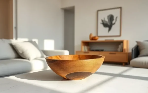 Styling artisanal wooden home decor on a marble coffee table in a modern luxury living room.