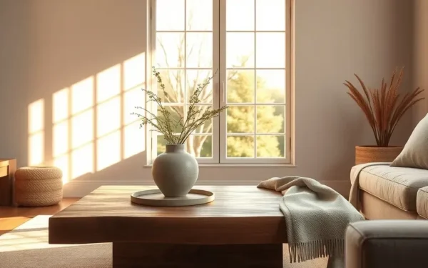 A beautifully styled artisanal wooden coffee table in a modern, elegant living room.