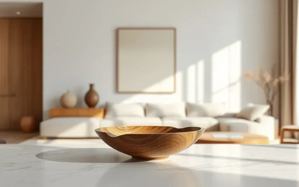 Styling artisanal wooden home accents on a marble table in a modern, elegant living room setting.