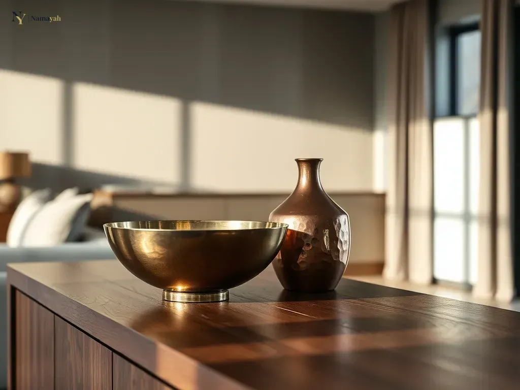 Styling handmade artisan metalware like brass bowls and copper vases on a modern wooden console table in a luxury home.