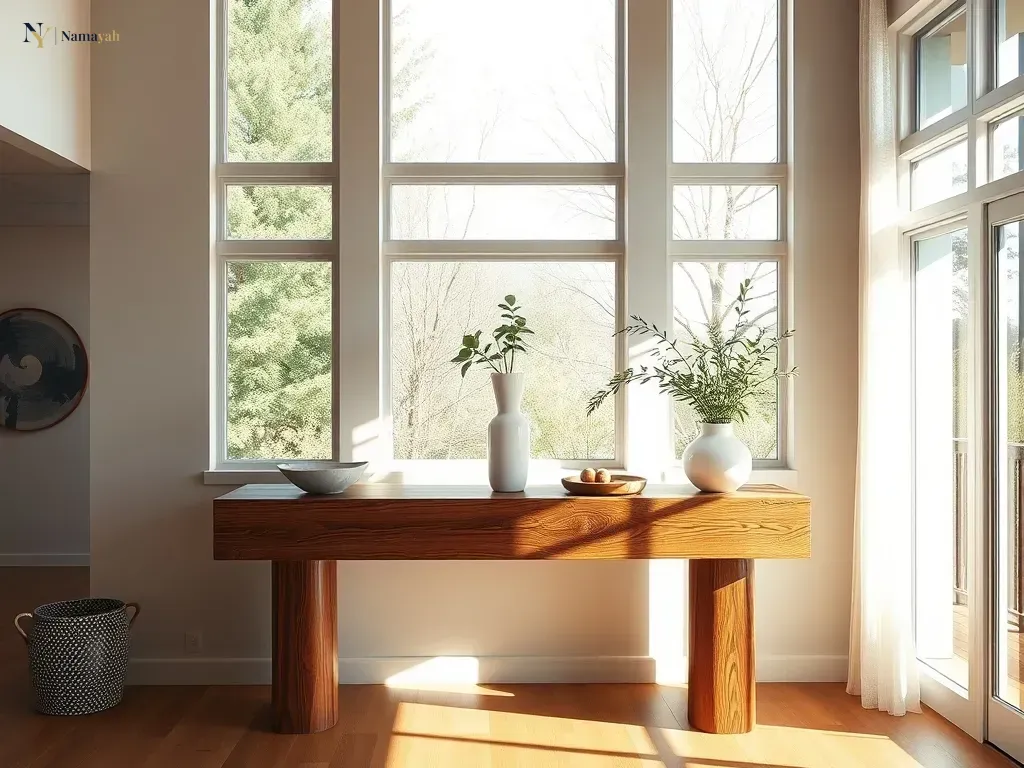 A luxurious modern living room showcasing a handcrafted artisanal wooden console table as a focal point.