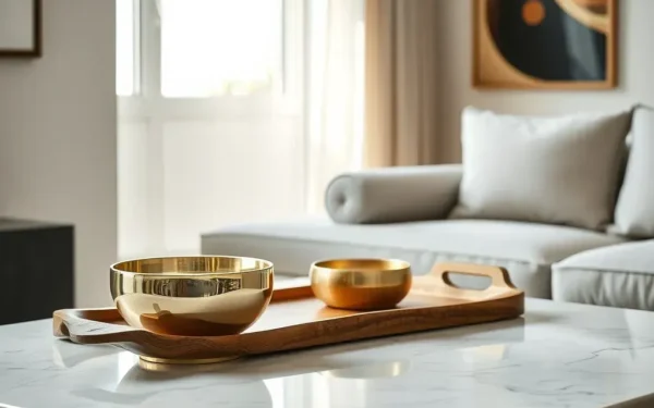 A modern luxury living room styled with handcrafted artisanal brass and wooden home decor accents on a marble table.