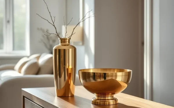 Styling handcrafted brass accents on a wooden console table in a modern minimalist home interior.