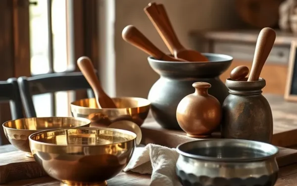 A curated set of handcrafted brass, copper, and wooden artisan decor items arranged elegantly as a luxury housewarming gift.