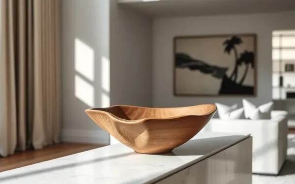 Styling artisan wooden decor in a sophisticated modern home interior.