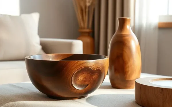A close-up of artisanal wooden home decor, including a hand-carved bowl and vase, styled in a sunlit, modern living room.
