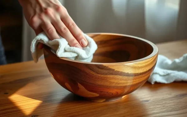 Close-up of hands applying natural oil to a handcrafted wooden serving bowl to maintain its finish.