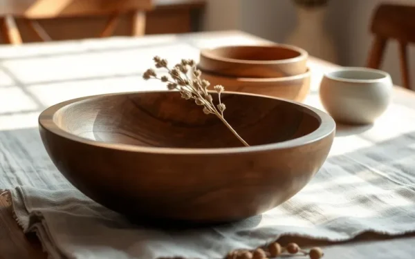 A beautifully styled artisanal wooden bowl centerpiece on a linen table for modern home decor inspiration.