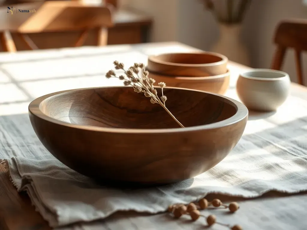 A beautifully styled artisanal wooden bowl centerpiece on a linen table for modern home decor inspiration.