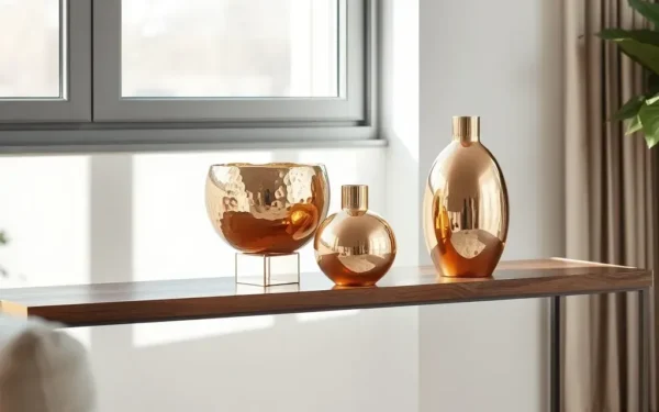 Styling artisanal metal home decor featuring brass and copper pieces on a modern walnut console table in a sunlit room.