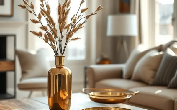 A close-up of polished brass home accents including a vase and tray on a wooden table, representing timeless elegance in interior styling.