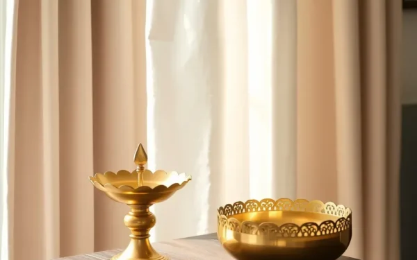 A close-up of polished brass home decor items styled on a wooden console table in a sunlit room, showcasing a timeless Indian aesthetic.