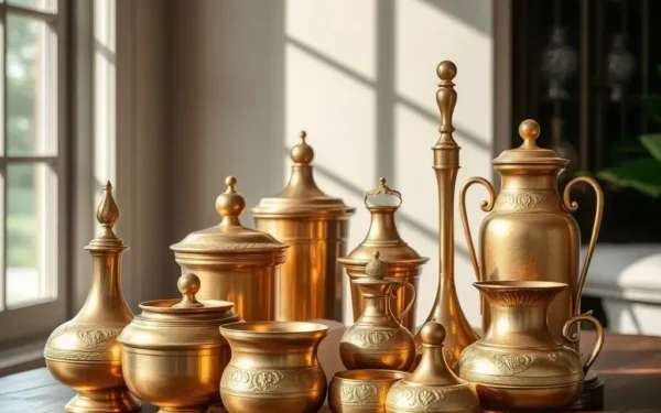 A collection of authentic handcrafted brass home decor items displayed on a wooden surface in natural light.