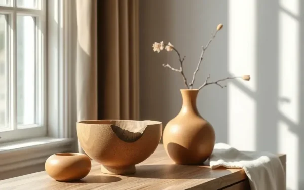 Elegant artisan wooden home decor pieces styled on a minimalist console table in a bright, modern living room.