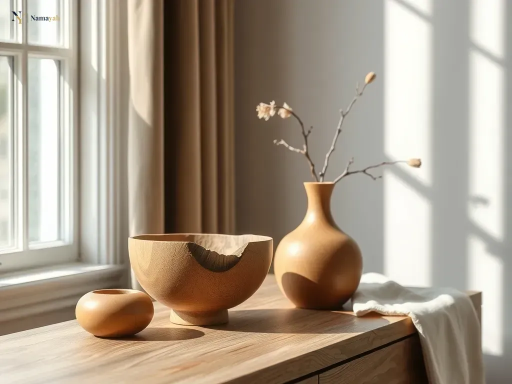 Elegant artisan wooden home decor pieces styled on a minimalist console table in a bright, modern living room.
