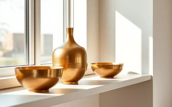 Elegant handcrafted brass accents styled on a minimalist shelf in a modern home interior.