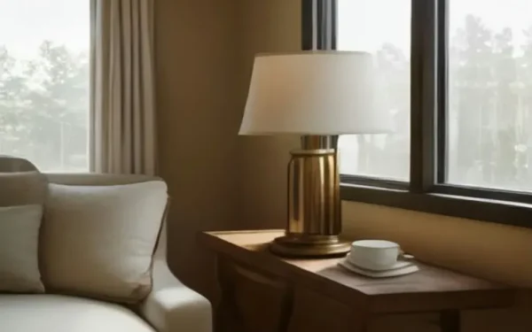 Elegant living room featuring polished brass home decor on a wooden console table with natural sunlight.