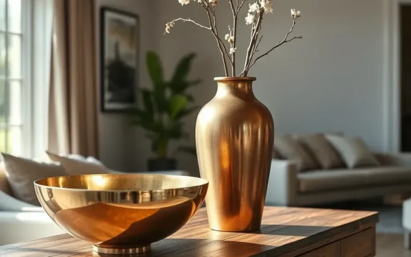 Artisan metal home accents including a brass bowl and copper vase on a wooden console table in a modern living room.
