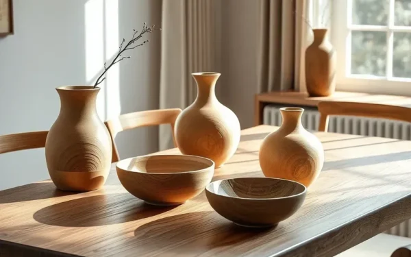 A beautifully styled wooden dining table featuring handcrafted artisan wooden decor in a sunlit, elegant room.