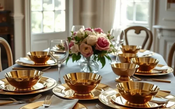 Elegant dining table setting featuring polished brass tableware and cutlery under soft natural light.