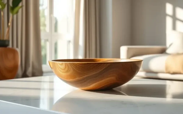 A handcrafted wooden decorative bowl displayed on a modern marble coffee table in a sunlit living room, showcasing the benefits of handcrafted wooden decor.