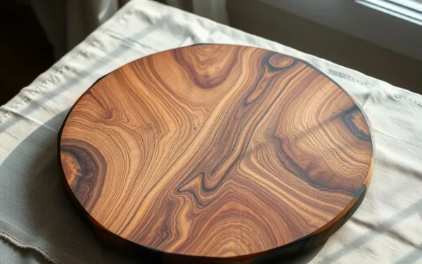 Close-up of a handcrafted artisan wooden serving platter on a linen surface, showcasing natural wood grain and high-quality craftsmanship.