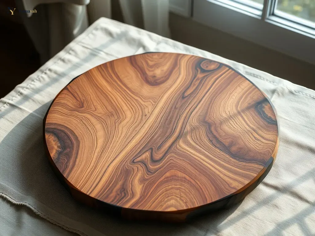 Close-up of a handcrafted artisan wooden serving platter on a linen surface, showcasing natural wood grain and high-quality craftsmanship.